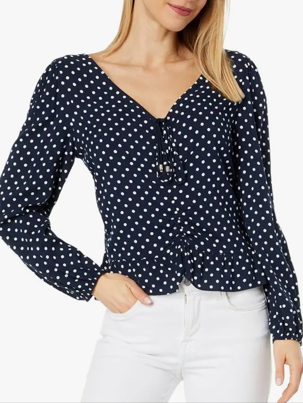 NWT Tommy Hilfiger Navy and White Polka Dot Tie-Front Peplum Blouse